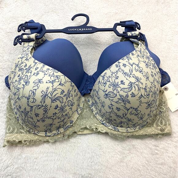 Lucky Brand tshirt Bra Size 40C 2pack Set Sage‎ Green Blue Floral Lace Back NWT - Picture 1 of 9
